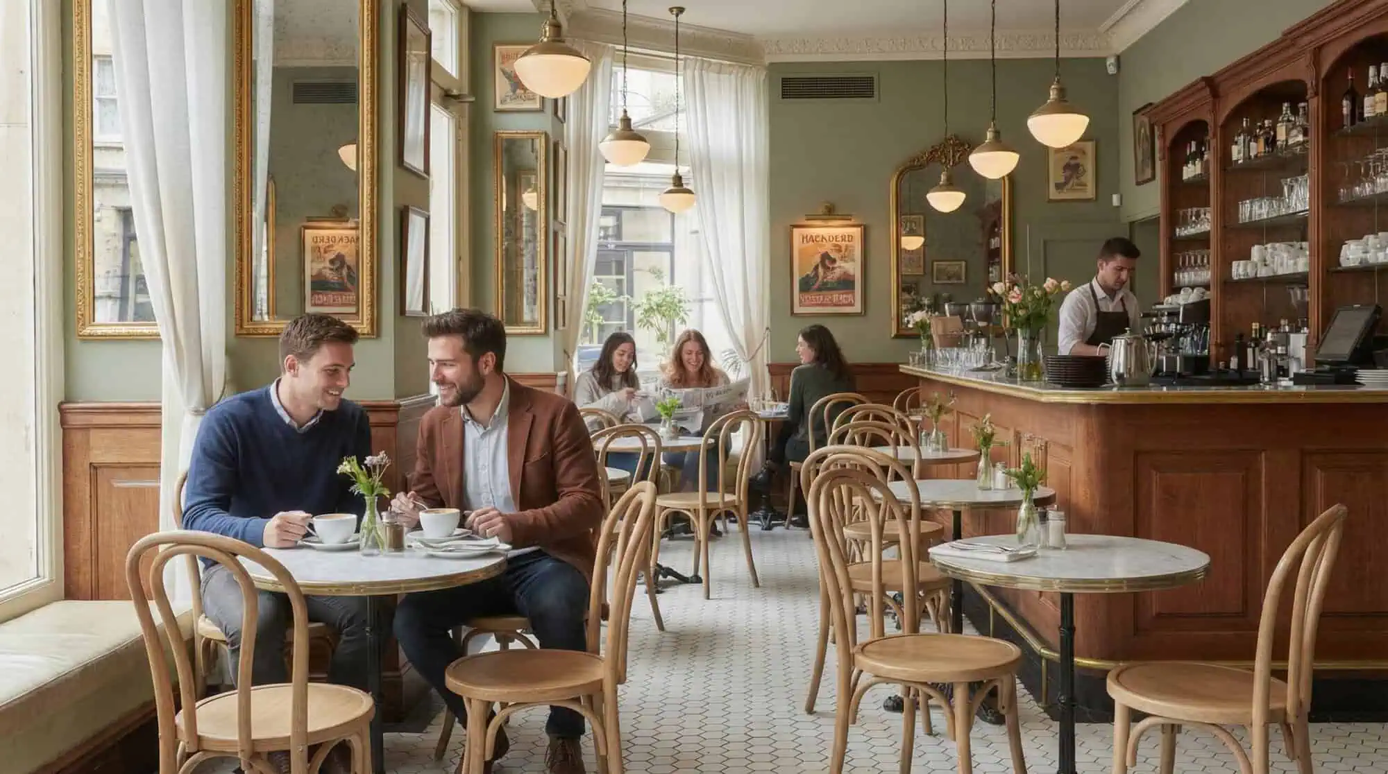 Super-Seat | Wat je gaat tegenkomen zijn stoelen, tafels, barkrukken, picknick tafels en andere soort tafels en stoelen | Café met marmeren tafels; naturel houten Thon stapelstoelen; gasten praten aan tafel; barista rechts achter de bar. | Horecameubilair