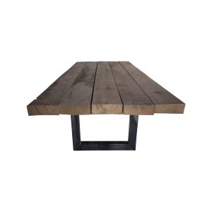 Super-Seat | Industriële Eiken (terras) stamtafel | Massief eiken blad, vier brede planken, zwart metalen onderstel, rustiek en stoer. | Horecameubilair