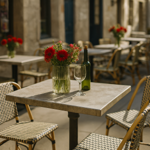 Super-Seat | Outdoor café tafels en stoelen | Grijze leisteen Werzalit tafels 70x70cm, metalen stoelen, groene wijnfles en rode bloemen in zon. | Horecameubilair