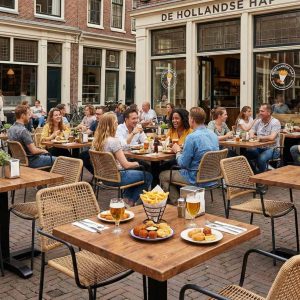 Super-Seat | Horeca Terras Tafelbladen | Teakhouten tafels, metalen stoelen; eten & drinken buiten op roodbruine straat met Nederlandse borden. | Horecameubilair