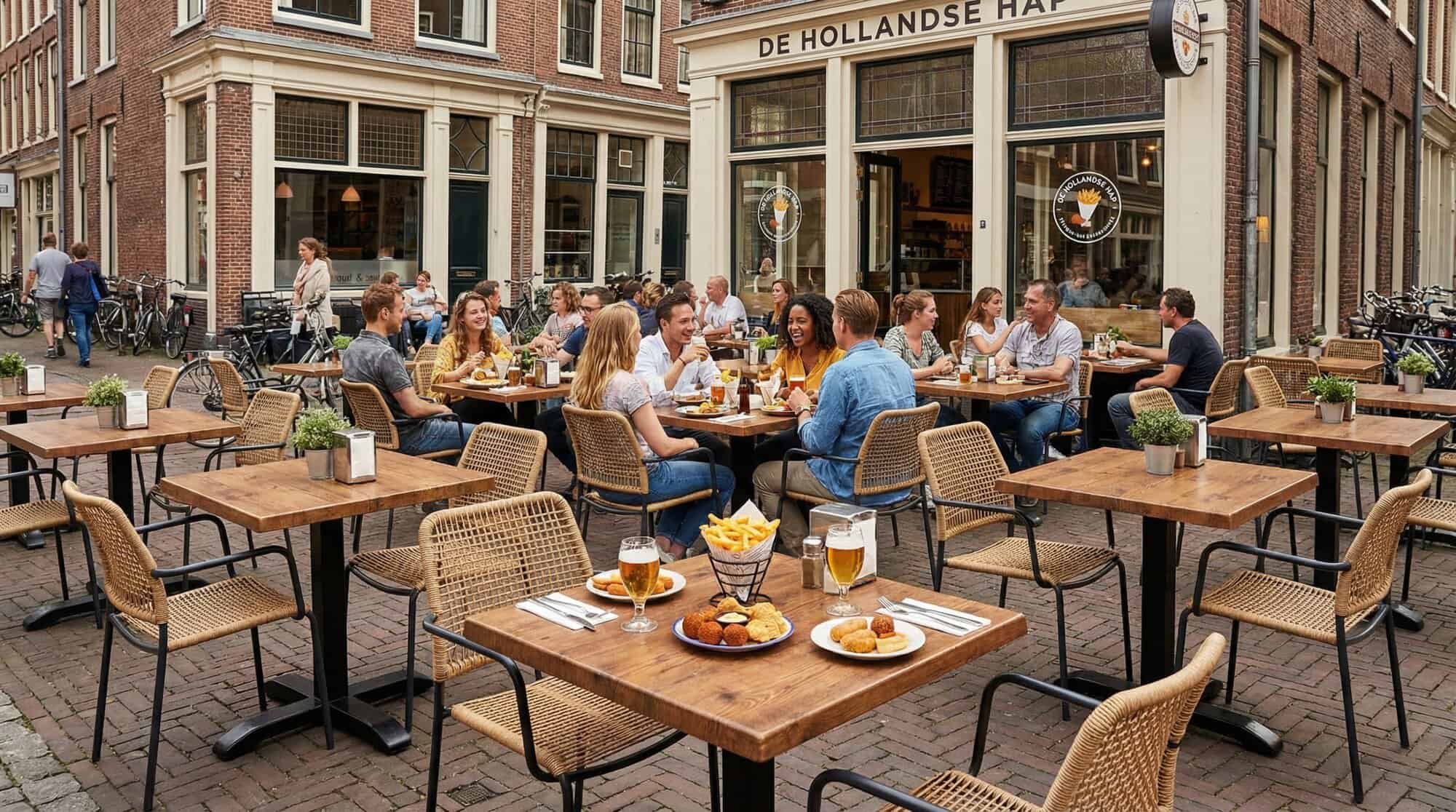 Super-Seat | Horeca Terras Tafelbladen | Teakhouten tafels, metalen stoelen; eten & drinken buiten op roodbruine straat met Nederlandse borden. | Horecameubilair