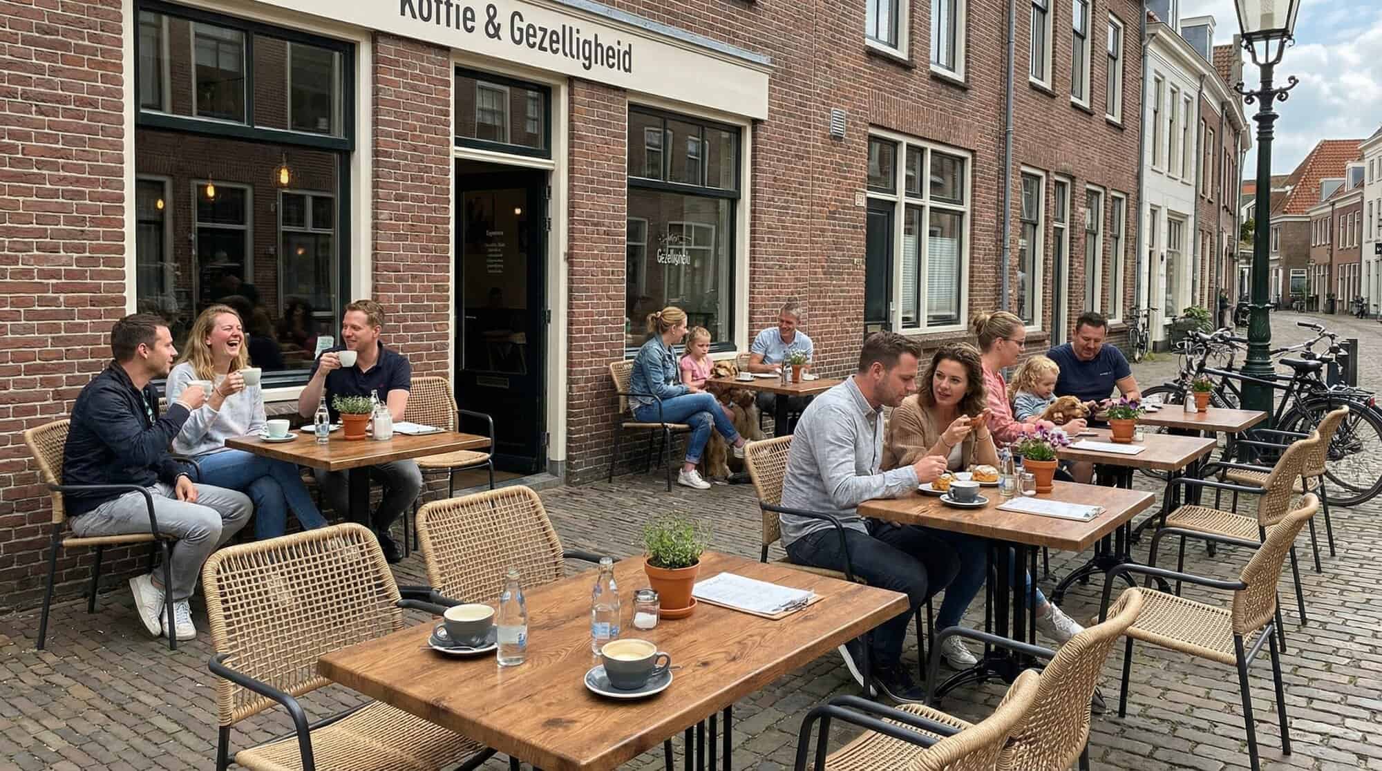 Super-Seat | Wermodin horeca tafels buiten 70x70cm en houten stoelen op een klinkerterras bij het café. | Horecameubilair