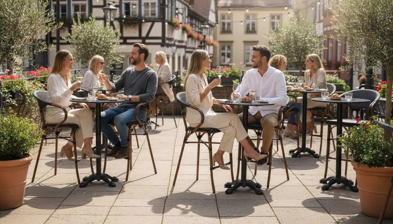 Super-Seat |Houten tafels, metalen stoelen, zonnige binnenplaats met planten. | Horecameubilair