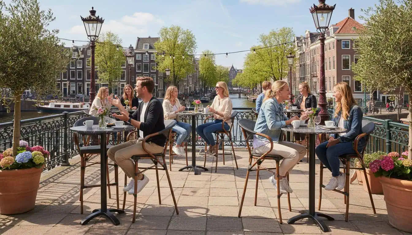 Super-Seat |Terras met houtlook tafels en metalen stoelen, bloemen en boten langs de gracht. | Horecameubilair