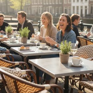 Super-Seat | Aan het kanaal staan grijze leistenen tafels, metalen stoelen; planten en koffiekopjes erop. | Horecameubilair