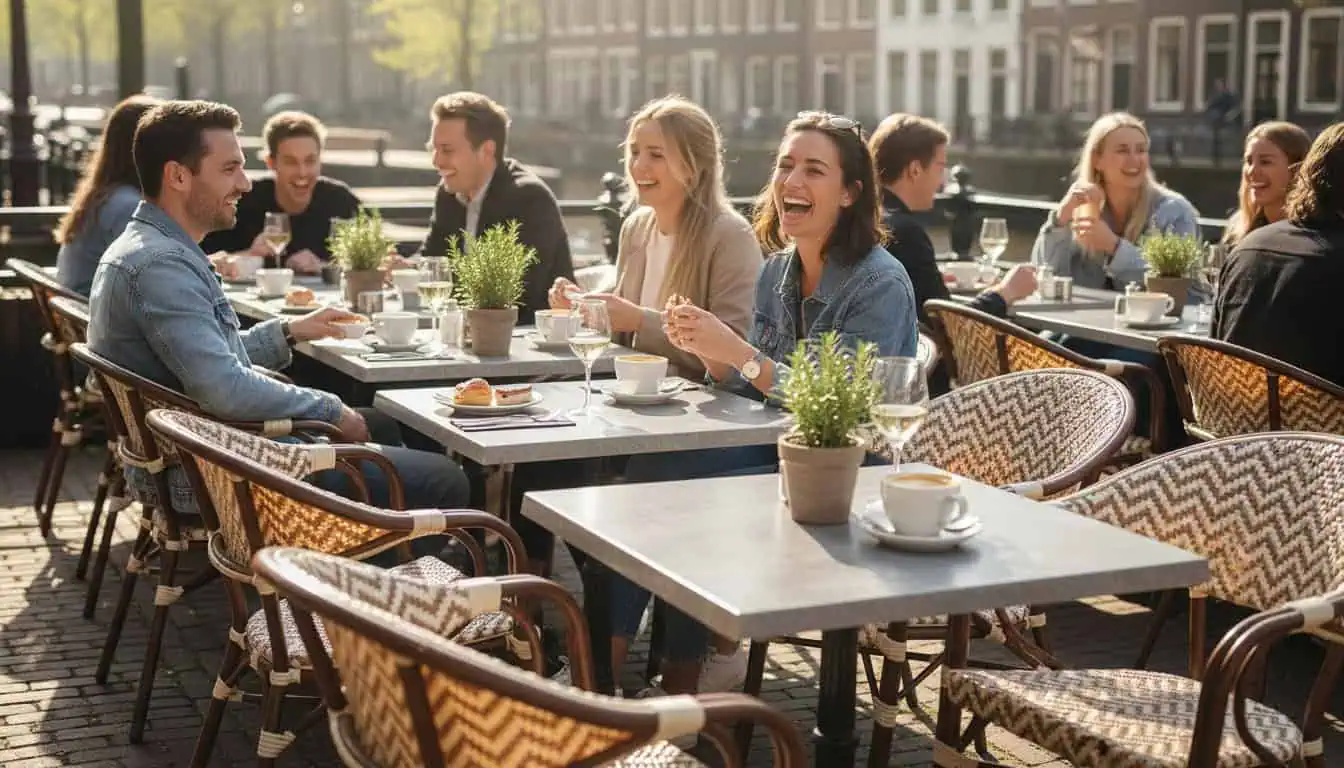 Super-Seat | Aan het kanaal staan grijze leistenen tafels, metalen stoelen; planten en koffiekopjes erop. | Horecameubilair