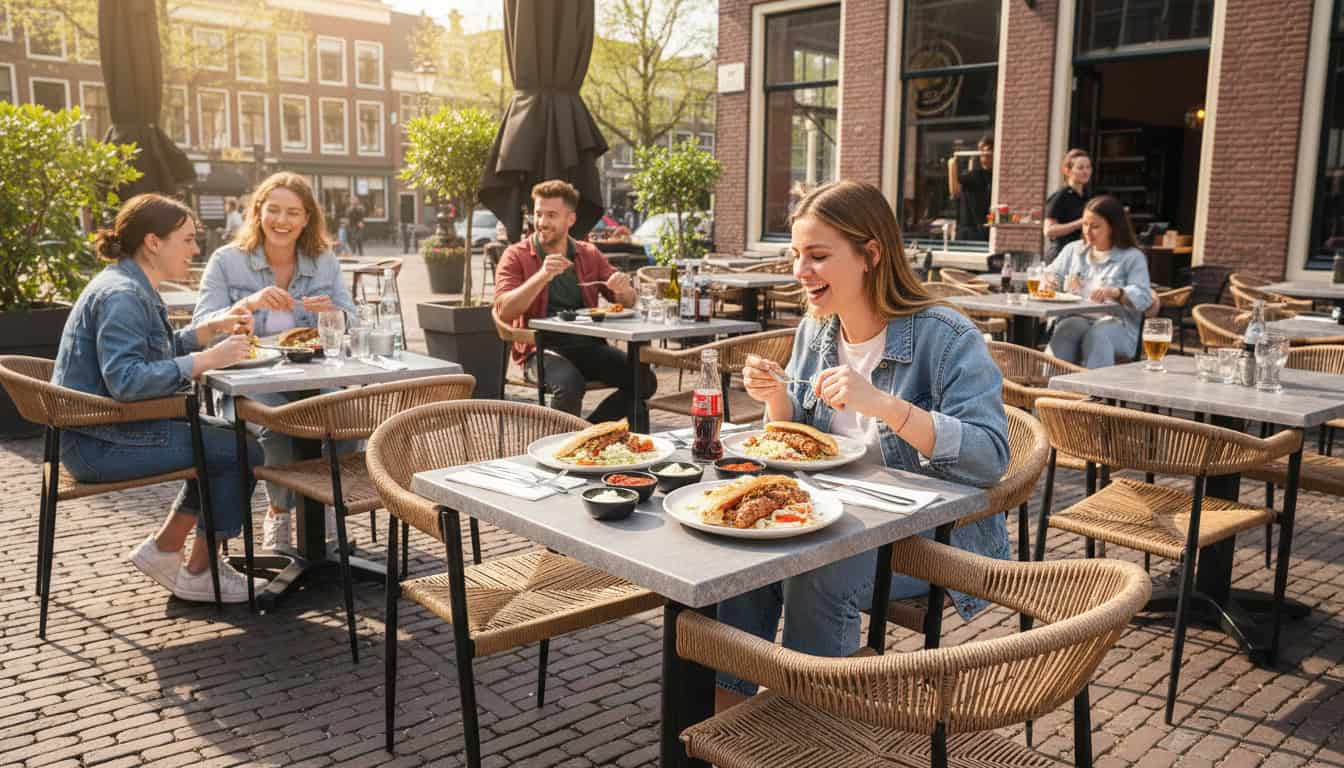 Super-Seat | Wermodin horeca terras tafelbladen | Grijze leisteen tafels, zwarte metalen stoelen; buiten eten tussen planten en gebouwen. | Horecameubilair