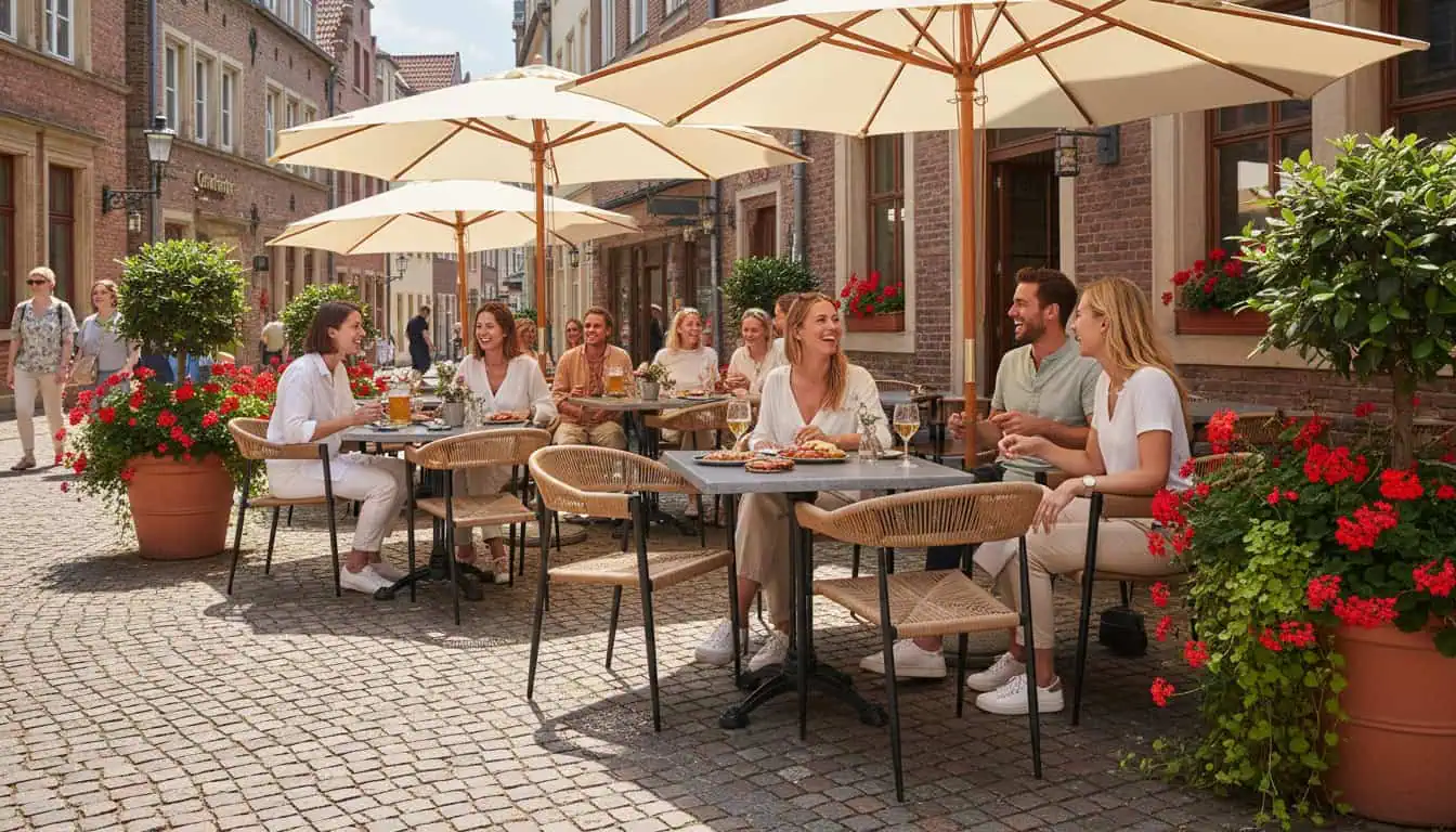 Super-Seat | Wermodin horeca terras tafelbladen leisteen 70x70cm Grijze leisteen tafels, houten stoelen op klinkers tussen bakstenen gebouwen. | Horecameubilair