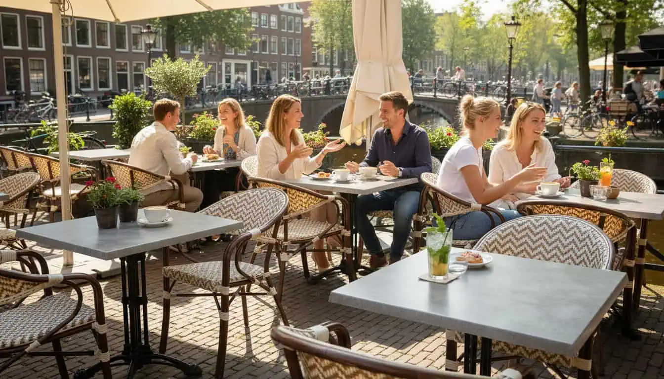 Super-Seat | Wermodin horeca (terras) tafelbladen leisteen 70x70cm Grijze leisteen tafels, metalen stoelen, bloemen en parasols langs het kanaal. | Horecameubilair