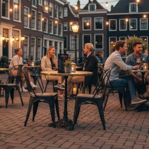 Super-Seat | Wermodin horeca (terras) tafelbladen zwart goud 70cm rond Zwarte-gouden ronde tafels met metalen onderstel op klinkers, omringd door houten stoelen. | Horecameubilair