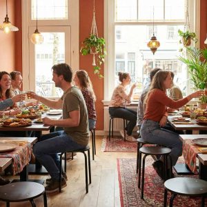 Super-Seat | Wermodin horeca teak tafels | Gezellige groepjes aan stevige teak houten tafels (70x70cm) met macramé en planten decor. | Horecameubilair