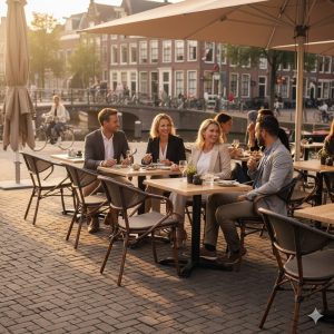 Super-Seat | Wermodin horeca (terras) tafelblad eiken 70x70cm | Eikenhouten tafel, metalen stoelen, vier mensen in pak aan het kletsen op terras buiten. | Horecameubilair
