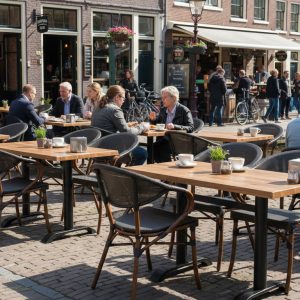 Super-Seat | Tuintafels 120x70cm van teakhout | Buiten café met teakhouten tafels, metalen stoelen; enkele tafels leeg; fietsen en winkels in zon. | Horecameubilair