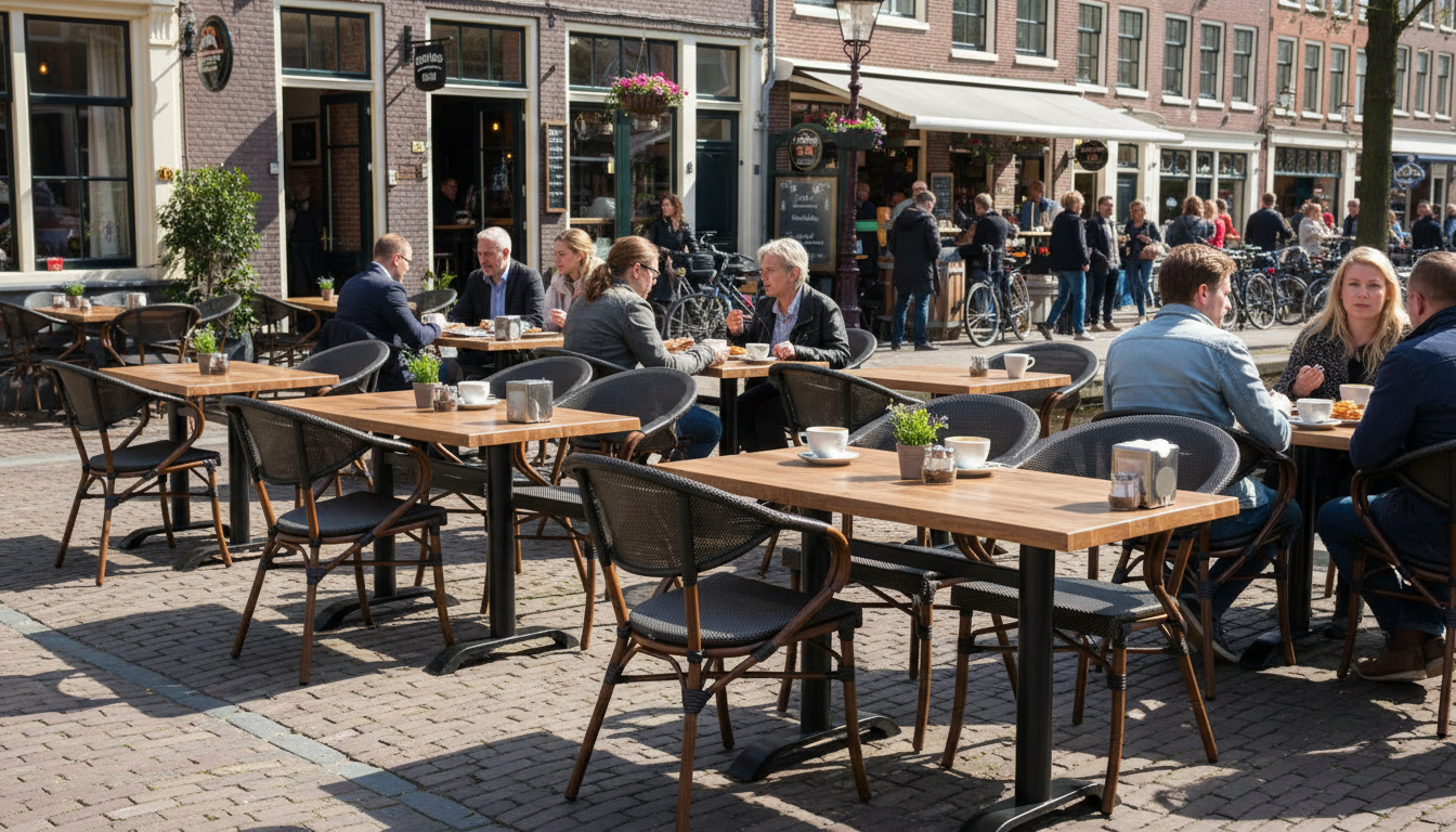 Super-Seat | Tuintafels 120x70cm van teakhout | Buiten café met teakhouten tafels, metalen stoelen; enkele tafels leeg; fietsen en winkels in zon. | Horecameubilair