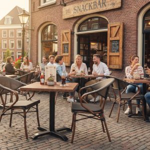 Super-Seat | Je ziet teakhouten 70x70cm tafels, mensen op metalen stoelen, rode bloemen en zonnige sfeer buiten. | Horecameubilair