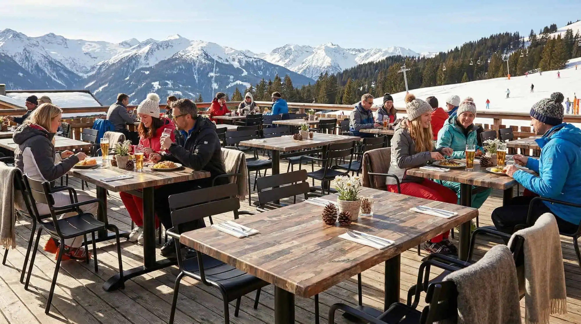 Super-Seat | Wermodin horeca houtlook terrastafels | Stoelen van metaal of kunststof, houten tafels 120x70cm, winteroutfits, terras zon. | Horecameubilair