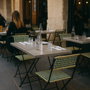 Super-Seat | Terras met leisteen tafels, gevlochten stoelen en gedekte glazen; rustige sfeer. | Horecameubilair