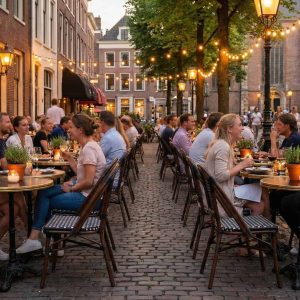 Super-Seat | Wermodin horeca tafels zwart goud rond 70cm | Zwarte/gouden metalen tafels met houten stoelen op avondterras, stringlights erboven. | Horecameubilair