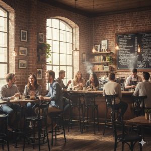 Super-Seat | Stoelen en tafels in de horeca | Zwarte houten Thon barkrukken met waaier rug bij houten tafels in bakstenen café. | Horecameubilair