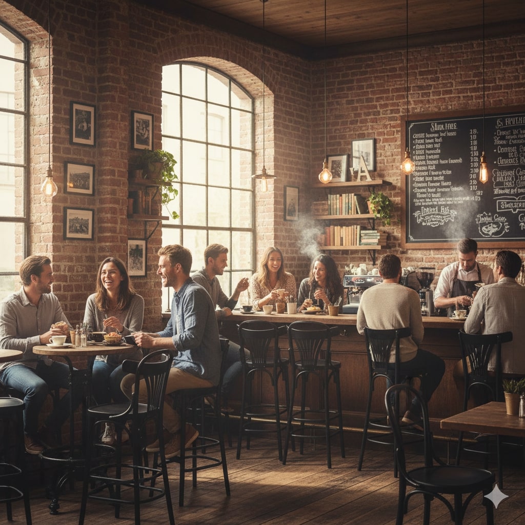 Super-Seat | Stoelen en tafels in de horeca | Zwarte houten Thon barkrukken met waaier rug bij houten tafels in bakstenen café. | Horecameubilair