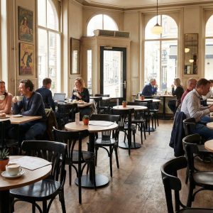 Super-Seat | Zwarte houten Thon stoelen, houten tafels, grote ramen en warme houten vloer in een zonnig café. | Horecameubilair