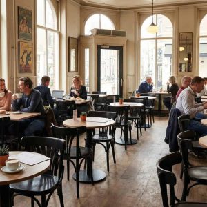 Super-Seat | Zwarte houten Thon stoelen, houten tafels, grote ramen en warme houten vloer in een zonnig café. | Horecameubilair