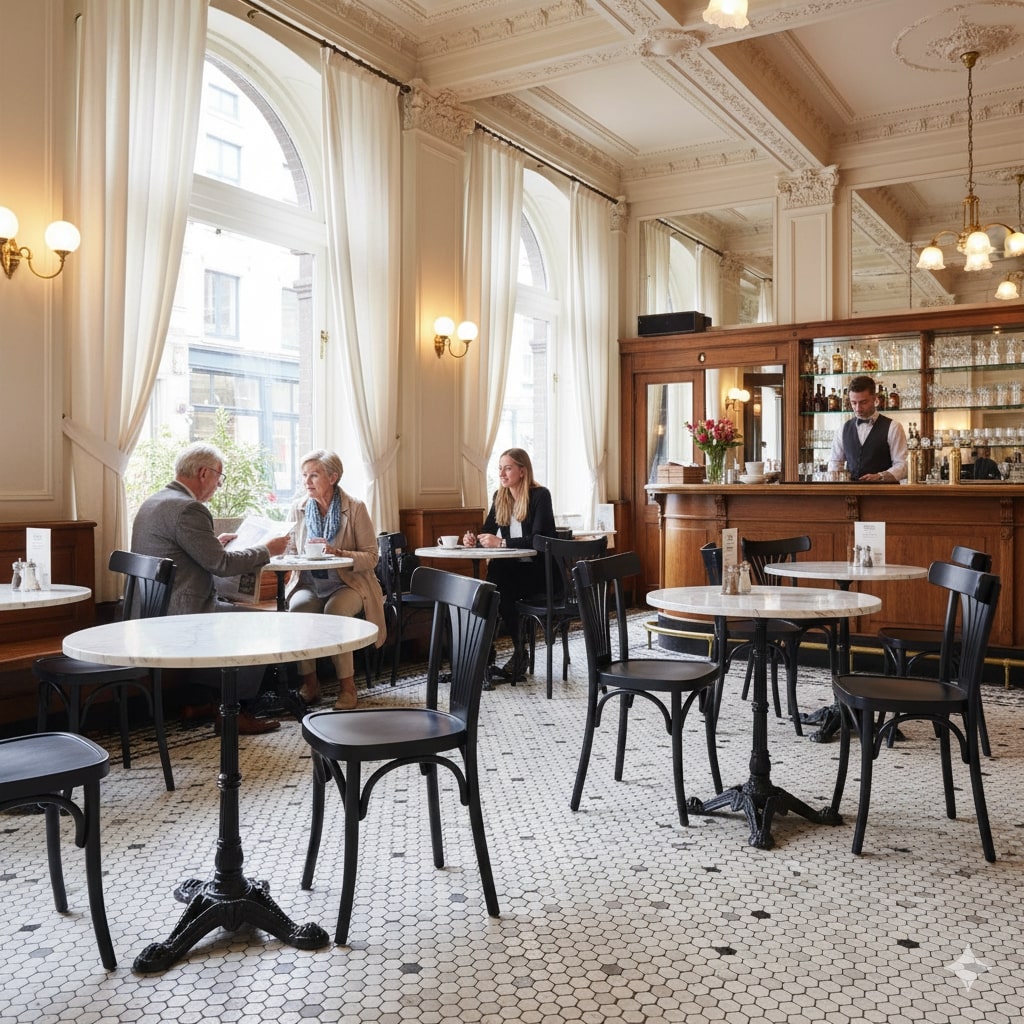 Super-Seat | Zwarte houten stoelen, marmeren tafels, witte tegels, houten bar, grote ramen. | Horecameubilair