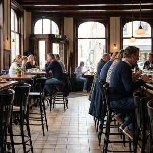 Super-Seat | Café Interieur | Zwarte Thon gebogen houten barkrukken met waaier vloerkleed, houten tafels en stoelen, grote ramen, gezellige sfeer. | Horecameubilair