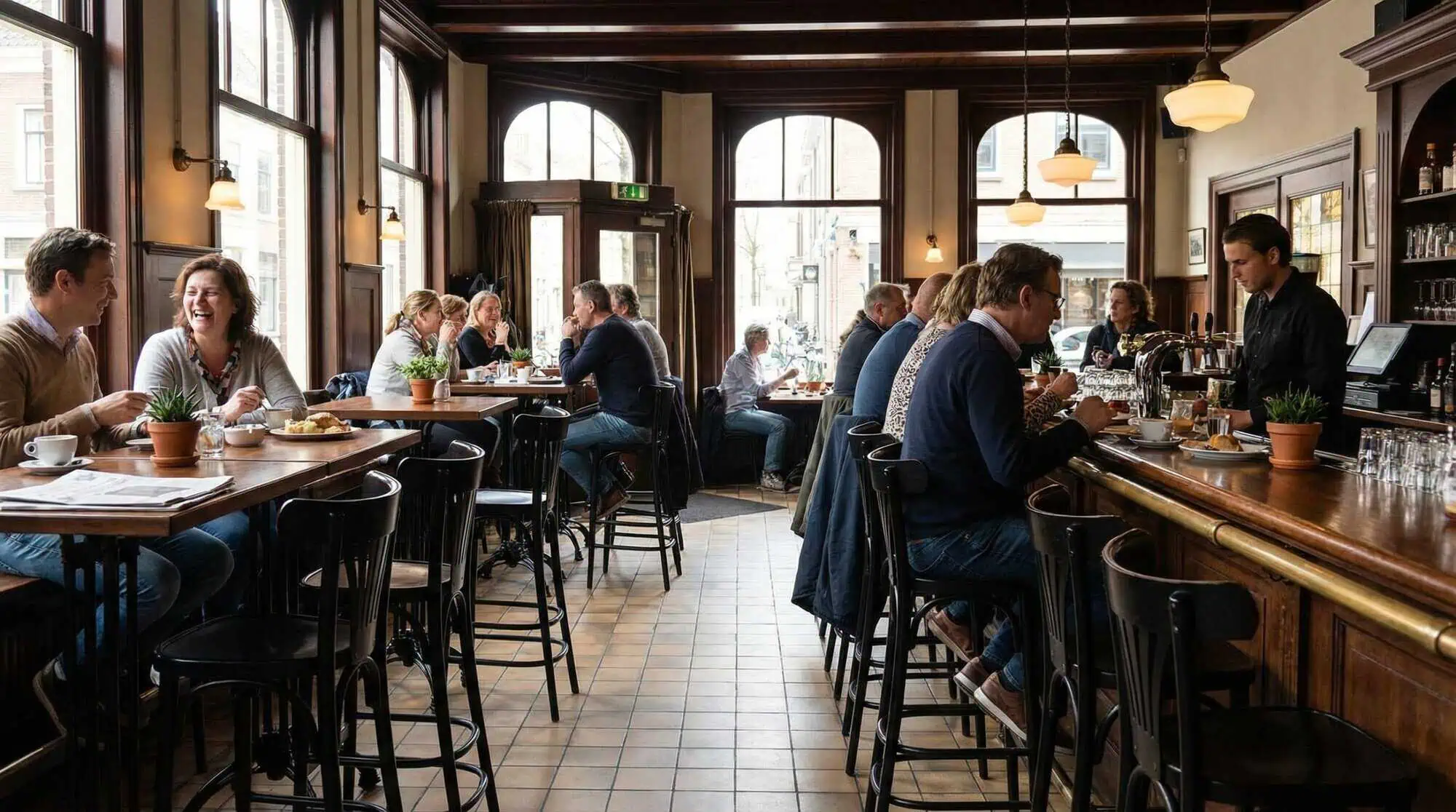 Super-Seat | Café Interieur | Zwarte Thon gebogen houten barkrukken met waaier vloerkleed, houten tafels en stoelen, grote ramen, gezellige sfeer. | Horecameubilair