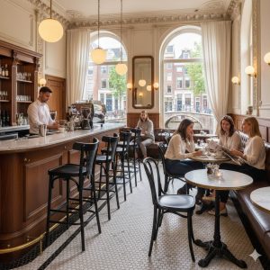 Super-Seat | Stoelen, tafels en meer: ontdek ons aanbod | Zwart houten Thon barkrukken met rugleuning in lichte, ruime café met houten meubels. | Horecameubilair