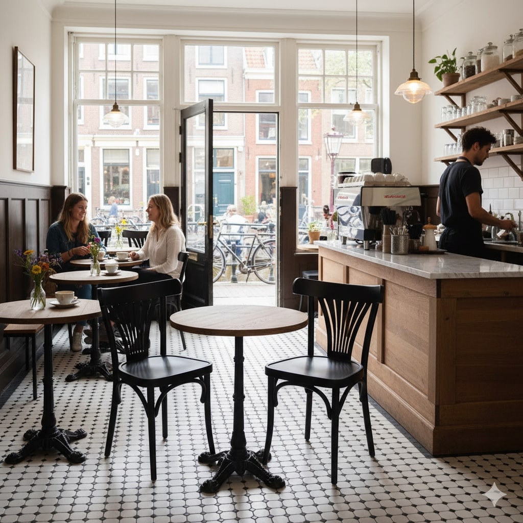 Super-Seat | Zwarte houten stoelen en houten tafels op een zwart-witte tegelvloer, lichte koffiebar. | Horecameubilair