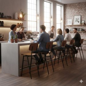 Super-Seat | Rietveld industriële barkrukken bruin / zwart | Bruin/zwarte barkrukken van metaal en hout aan een bar in een modern café met grote ramen. | Horecameubilair