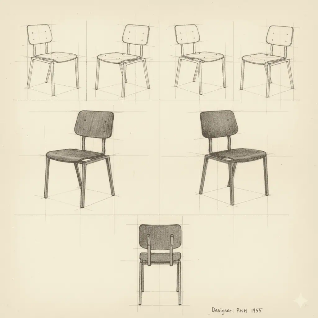 Super-Seat | Rietveld industriële schoolstoelen bruin / zwart | Stoel met houten zitting, zwart metalen frame, klassiek design, technische tekening. | Horecameubilair