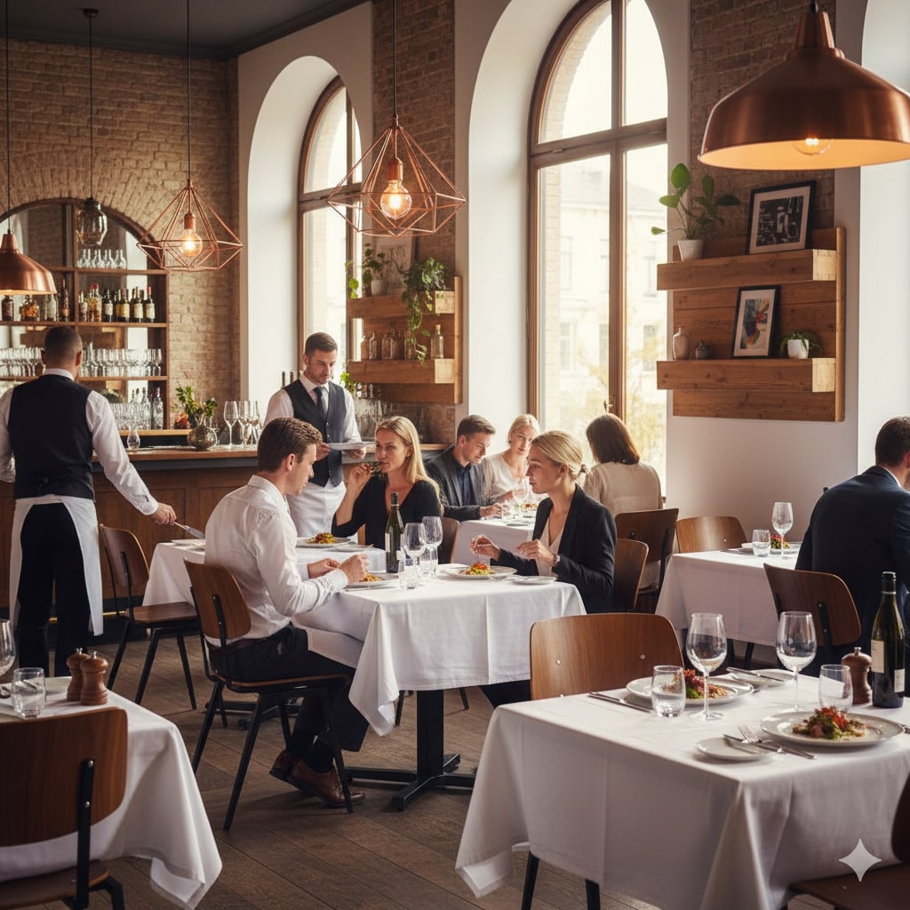 Super-Seat | Rietveld industriële schoolstoelen bruin / zwart | Bruin-zwarte metalen stoelen, witte tafels, houten barkrukken in lichte ruimte. | Horecameubilair