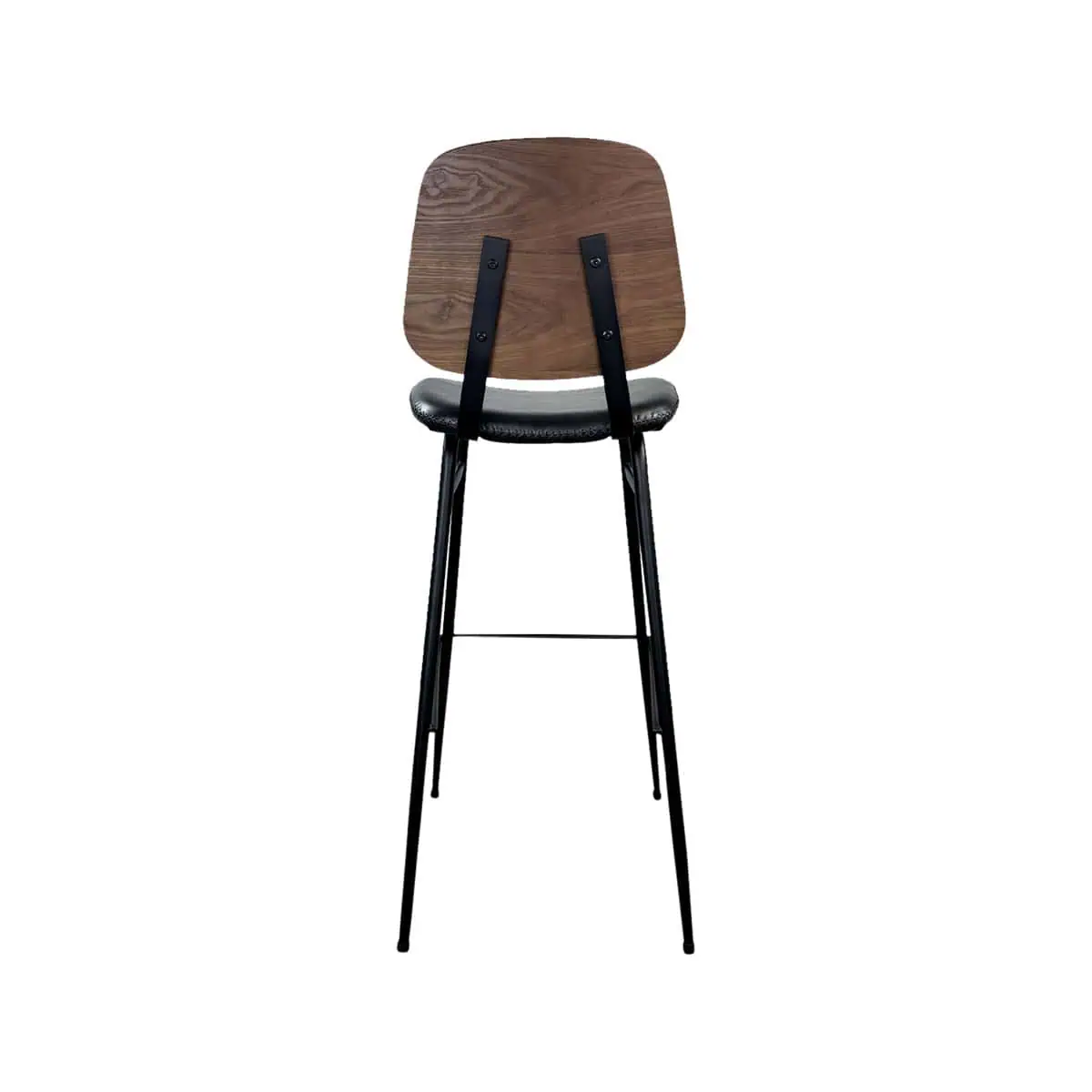 Super-Seat | Stoel met hoge houten rugleuning, zwart metalen poten, ronde stoffen zitting, van achteren gezien. | Horecameubilair