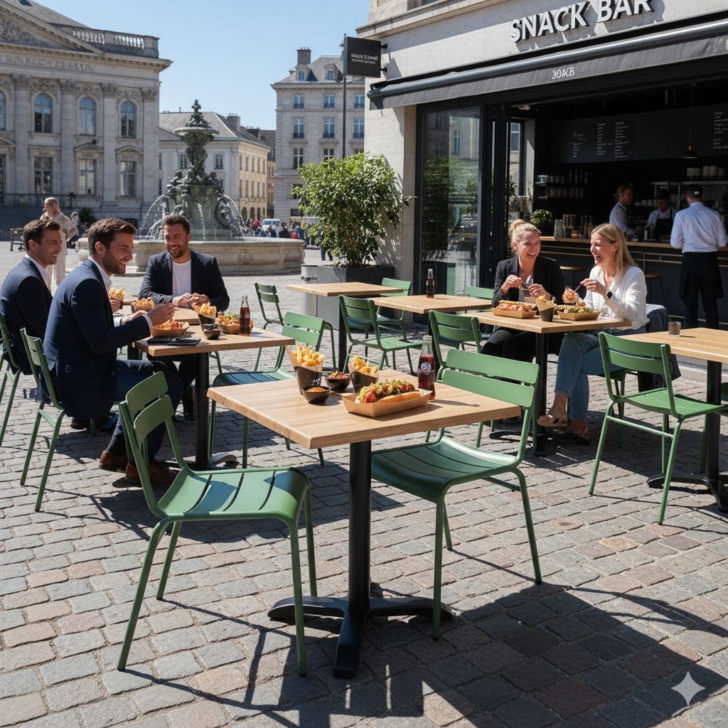 Super-Seat |Groene stapelstoelen van kunststof met metalen frames en houten tafels op een plein in de zon. | Horecameubilair