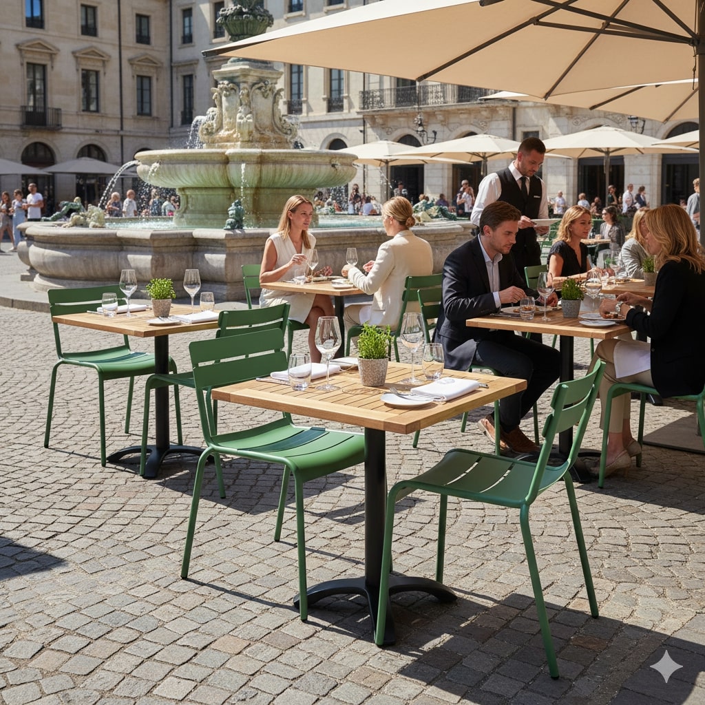 Super-Seat |Groene metalen stapelstoelen met houten terrastafels onder beige parasols op drukke buitenplaats. | Horecameubilair