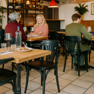 Super-Seat | Café Meubilair Thon caféstoelen rond houten tafel, glazen en flessen op plank, extra persoon aan tafeltje. | Horecameubilair