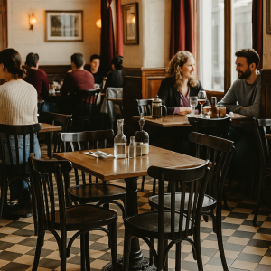 Super-Seat | Zwarte houten stoelen, houten tafels, glas, bestek, tegelvloer, warme sfeer. | Horecameubilair