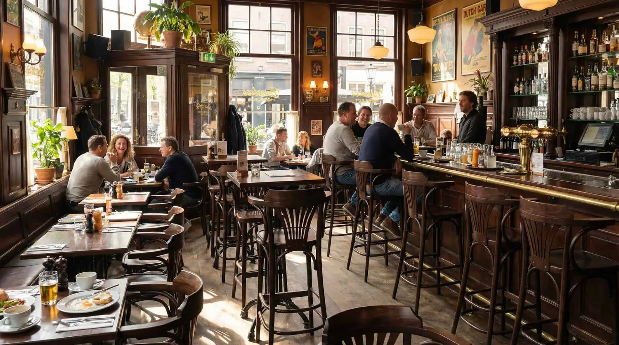 Super-Seat | Oudbruine gebogen houten barkrukken met waaier-rug, tafels en stoelen, grote ramen met daglicht. | Horecameubilair