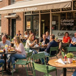 Super-Seat | Cafetaria 't Hoekje | Groene metalen stapelstoelen en tafels buiten op terras bij bakstenen café met grote ramen. | Horecameubilair