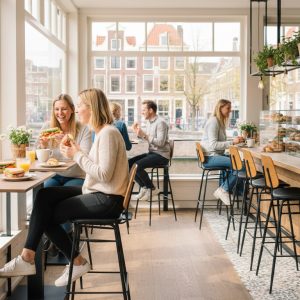Super-Seat | Houten en zwarte barkrukken, houten tafels in licht café met grote ramen, uitzicht op de gracht. | Horecameubilair