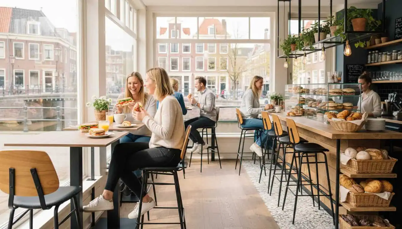 Super-Seat | Houten en zwarte barkrukken, houten tafels in licht café met grote ramen, uitzicht op de gracht. | Horecameubilair