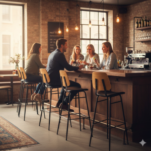 Super-Seat | Miles Retro barkrukken hout / zwart | Houten bar met zwarte en houten barkrukken, bakstenen muren en grote ramen in een café. | Horecameubilair