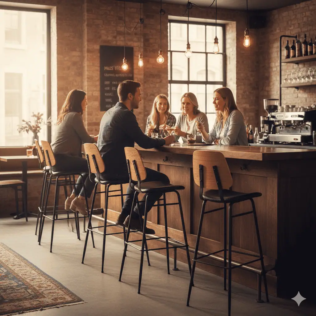 Super-Seat | Miles Retro barkrukken hout / zwart | Houten bar met zwarte en houten barkrukken, bakstenen muren en grote ramen in een café. | Horecameubilair