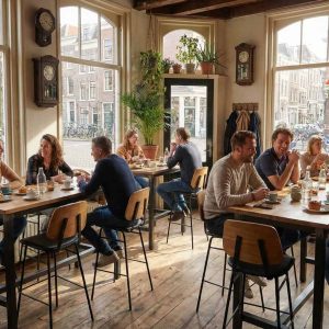 Super-Seat | Houten tafels en zwarte/houten barkrukken, planten, houten vloer, veel licht, grote ramen. | Horecameubilair