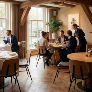 Super-Seat | Bistro stoelen, tafels & barkrukken | Houten/zwart Miles Retro stoelen bij houten tafels in lichte zaal met balken en ramen. | Horecameubilair