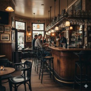 Super-Seat | Zwarte Thon gebogen houten barkrukken met waaier tapijt, houten bar, warme sfeer, foto's aan de muur, lege tafels vooraan. | Horecameubilair