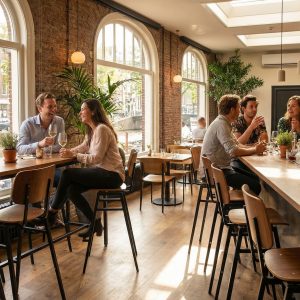 Super-Seat | Rietveld industriële barkrukken bruin / zwart | Bruin/zwart metalen barkrukken bij houten tafels in café met bakstenen muren, houtvloer, veel licht. | Horecameubilair