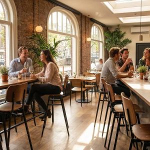 Super-Seat | Rietveld industriële barkrukken bruin / zwart | Bruin/zwart metalen barkrukken bij houten tafels in café met bakstenen muren, houtvloer, veel licht. | Horecameubilair